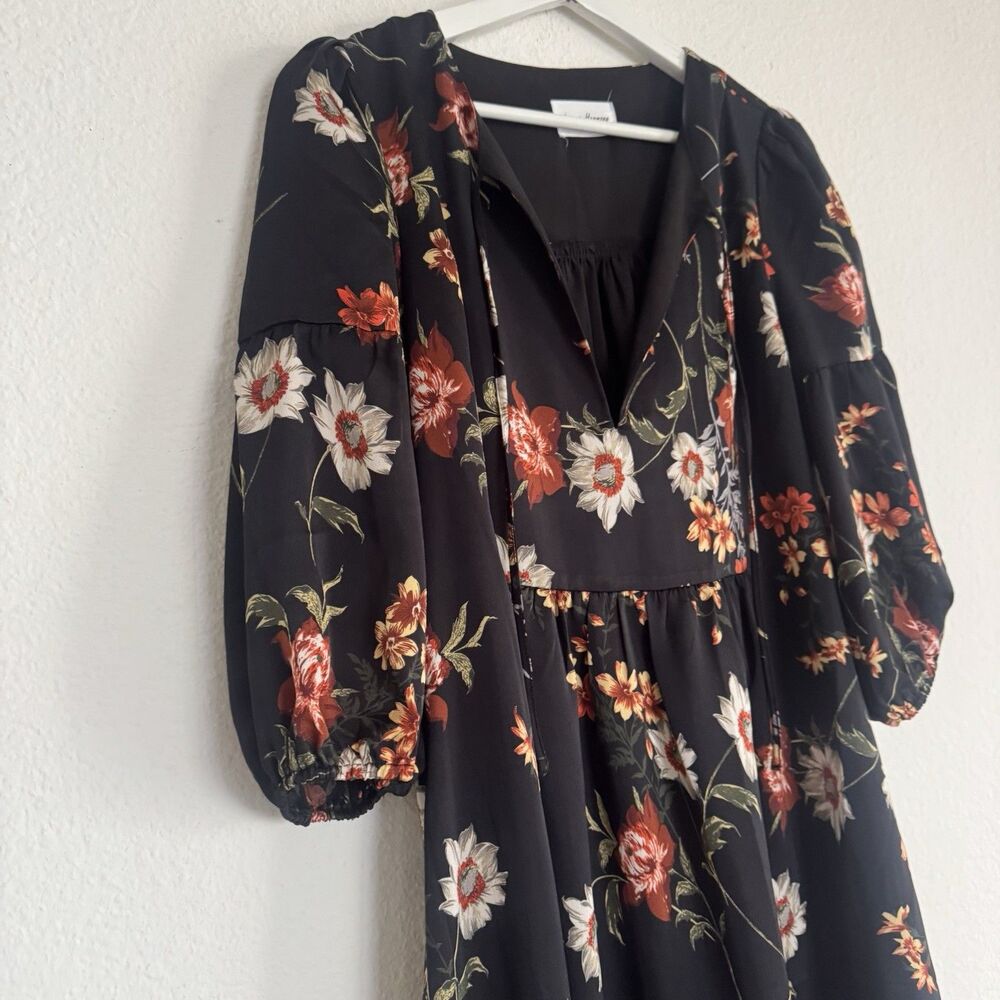 Love + Harmony Dress Oversized Sz M L Black Floral Ruffle Mini Boho Chic Cottage - Picture 4 of 16